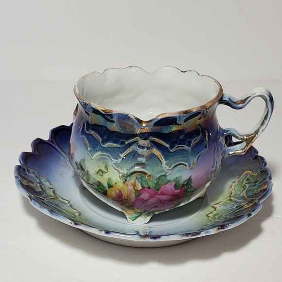 Royal Thuringia Teacup and Saucer Blue Floral - Picture 2 of 12